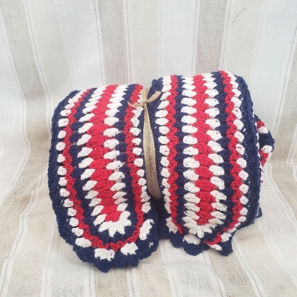 Handmade Afghan Throw Blanket Striped Red White Blue‎ 5ftx6ft - Picture 5 of 5